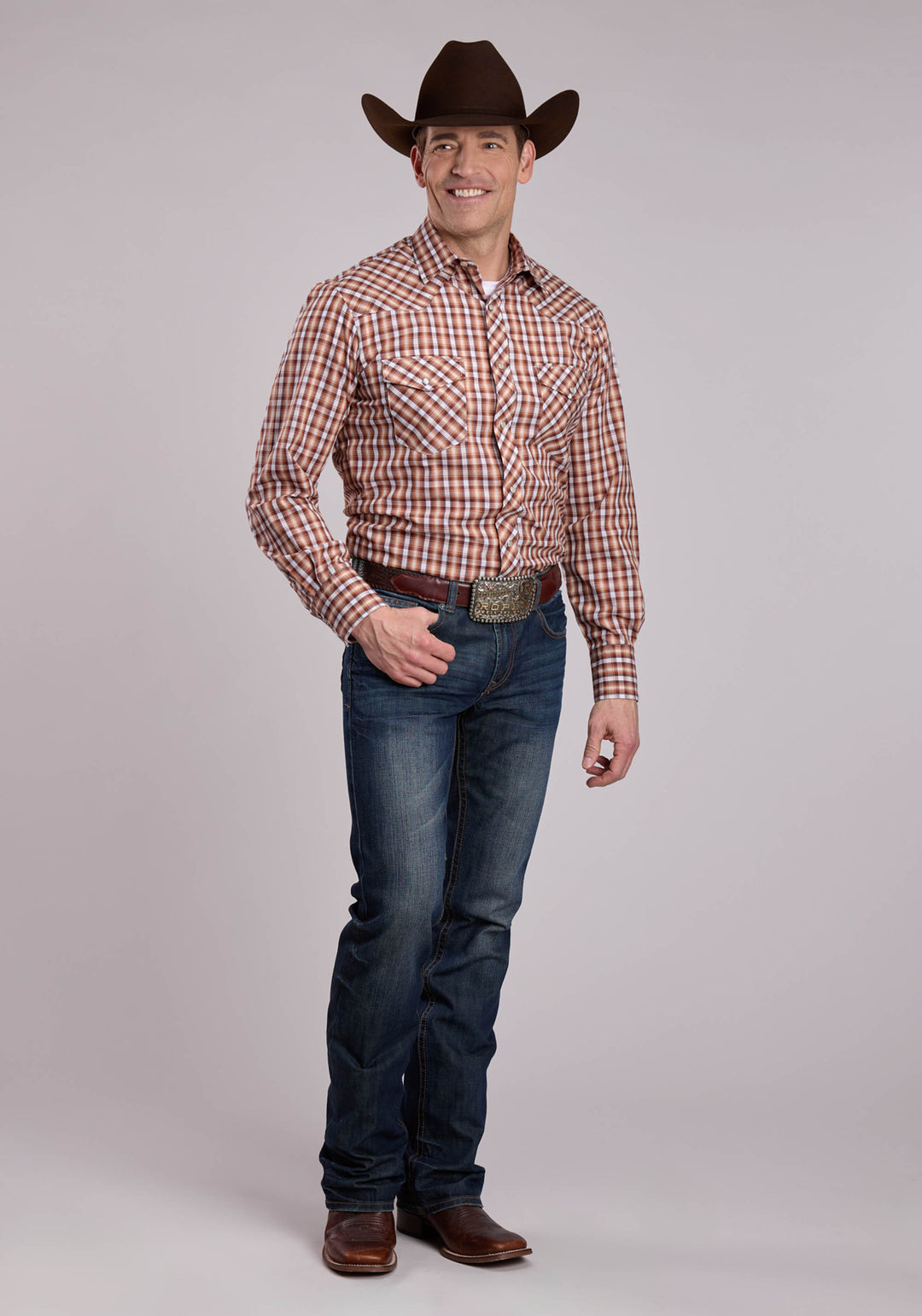 MENS LONG SLEEVE SNAP BROWN CREAM PLAID WESTERN SHIRT