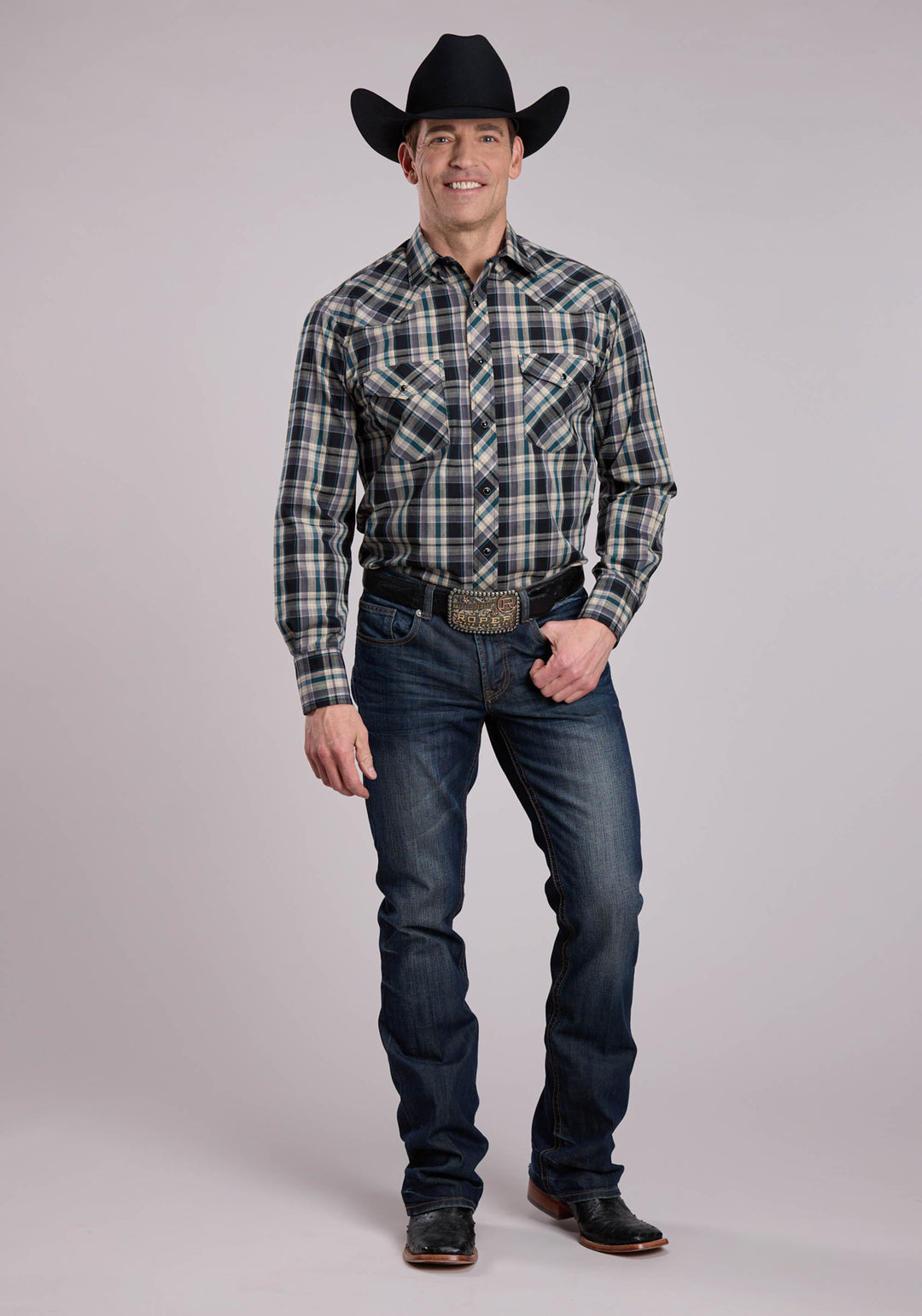 MENS LONG SLEEVE SNAP FORREST BLACK TAN PLAID WESTERN SHIRT