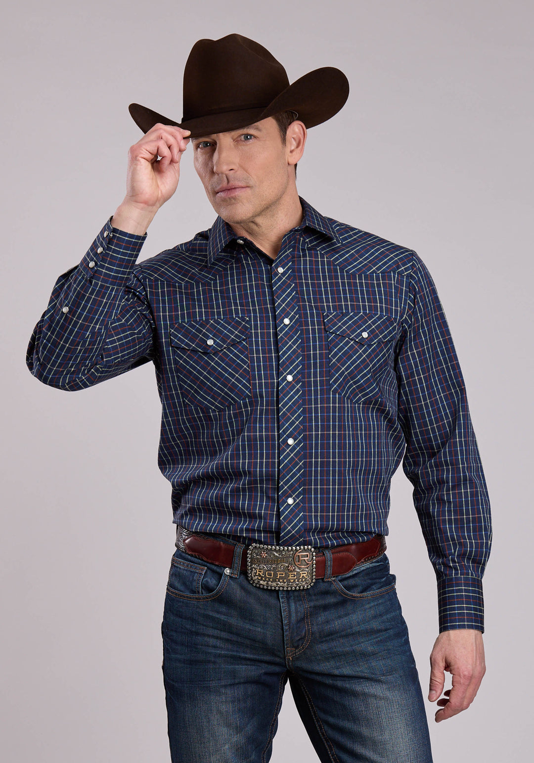 MENS LONG SLEEVE SNAP BLUE RUST YELLOW WINDOWPANE PLAID WESTERN SHIRT