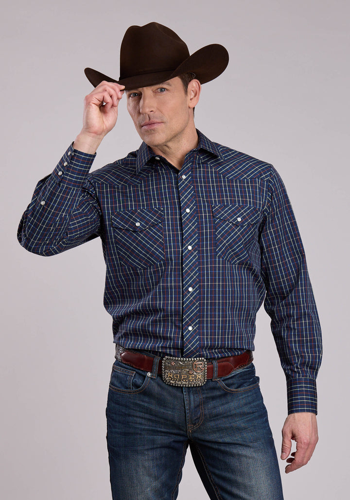 MENS LONG SLEEVE SNAP BLUE RUST YELLOW WINDOWPANE PLAID WESTERN SHIRT