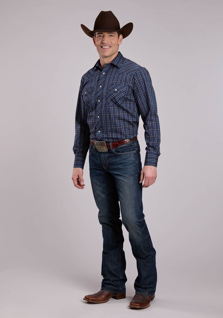 MENS LONG SLEEVE SNAP BLUE RUST YELLOW WINDOWPANE PLAID WESTERN SHIRT