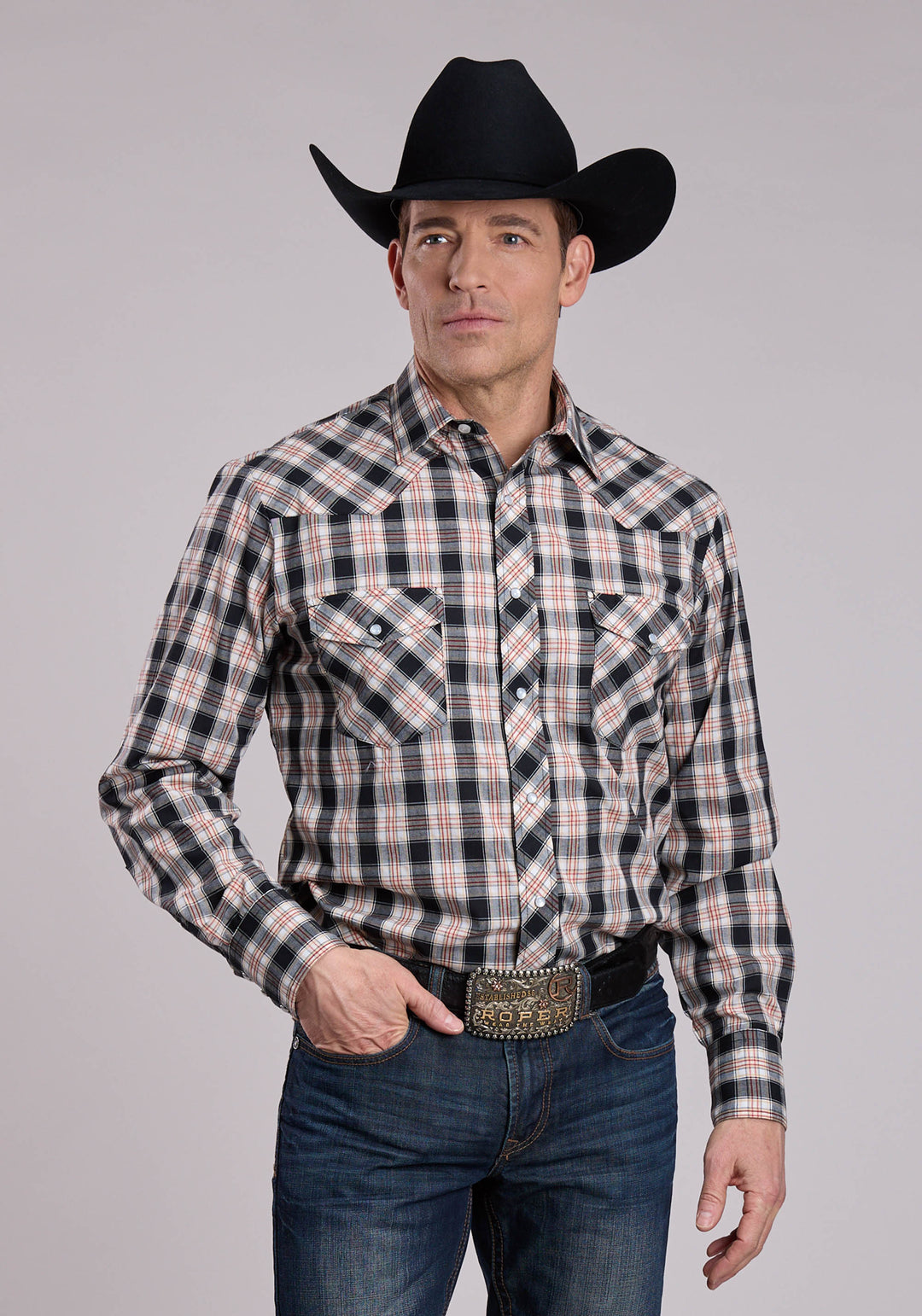 MENS LONG SLEEVE SNAP BLACK WHITE TAN PLAID WESTERN SHIRT