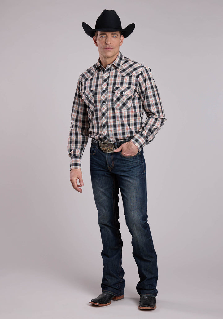 MENS LONG SLEEVE SNAP BLACK WHITE TAN PLAID WESTERN SHIRT