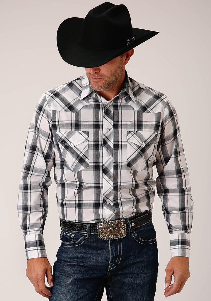 MENS LONG SLEEVE SNAP WHITE  BLACK  GREY PLAID WESTERN SHIRT