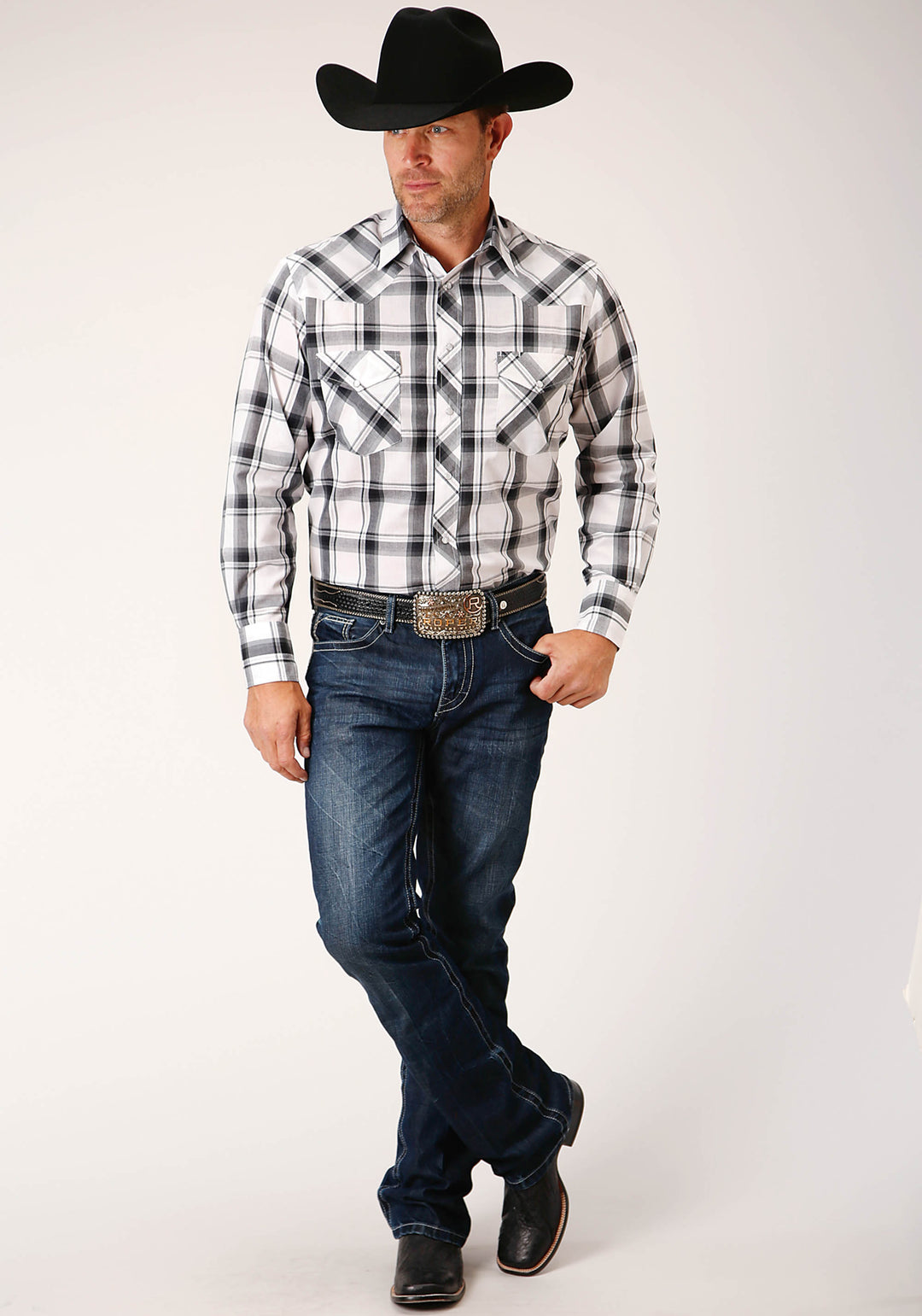 MENS LONG SLEEVE SNAP WHITE  BLACK  GREY PLAID WESTERN SHIRT