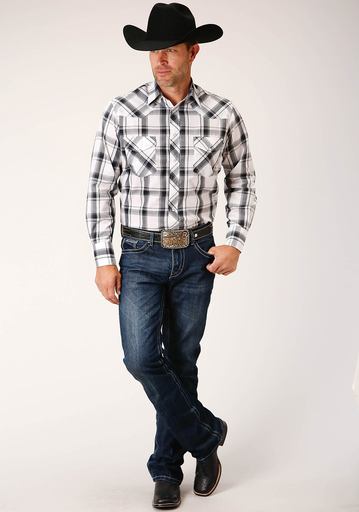MENS LONG SLEEVE SNAP WHITE  BLACK  GREY PLAID WESTERN SHIRT