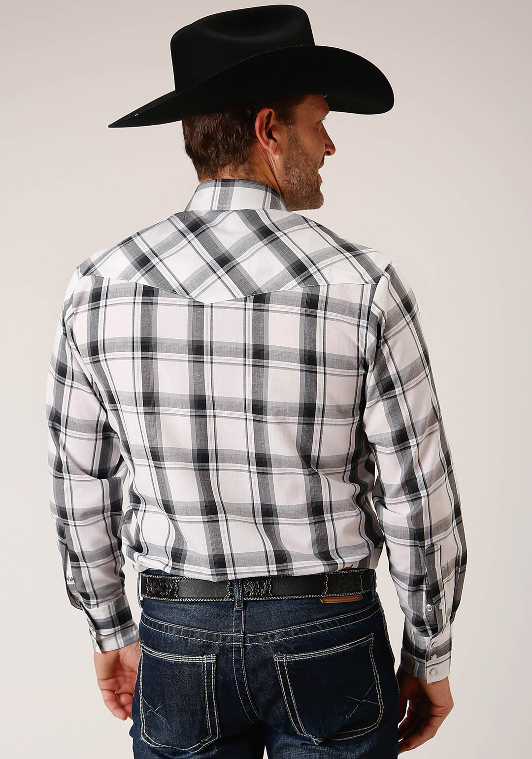 MENS LONG SLEEVE SNAP WHITE  BLACK  GREY PLAID WESTERN SHIRT