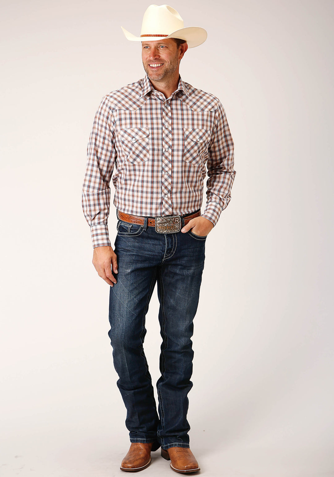 MENS LONG SLEEVE SNAP NAVY  GOLD  RUST WINDOWPAIND PLAID WESTERN SHIRT