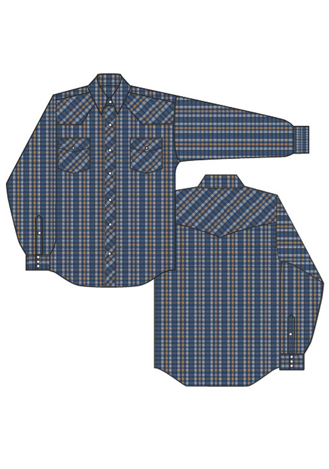MENS LONG SLEEVE SNAP BLUE WHITE BUTTERSCOTCH SMALL SCALE WESTERN SHIRT