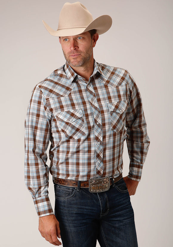 MENS LONG SLEEVE SNAP BROWN  BLUE AND WHITE PLAID WESTERN SHIRT