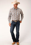 MENS LONG SLEEVE SNAP BROWN  BLUE AND WHITE PLAID WESTERN SHIRT