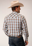 MENS LONG SLEEVE SNAP BROWN  BLUE AND WHITE PLAID WESTERN SHIRT