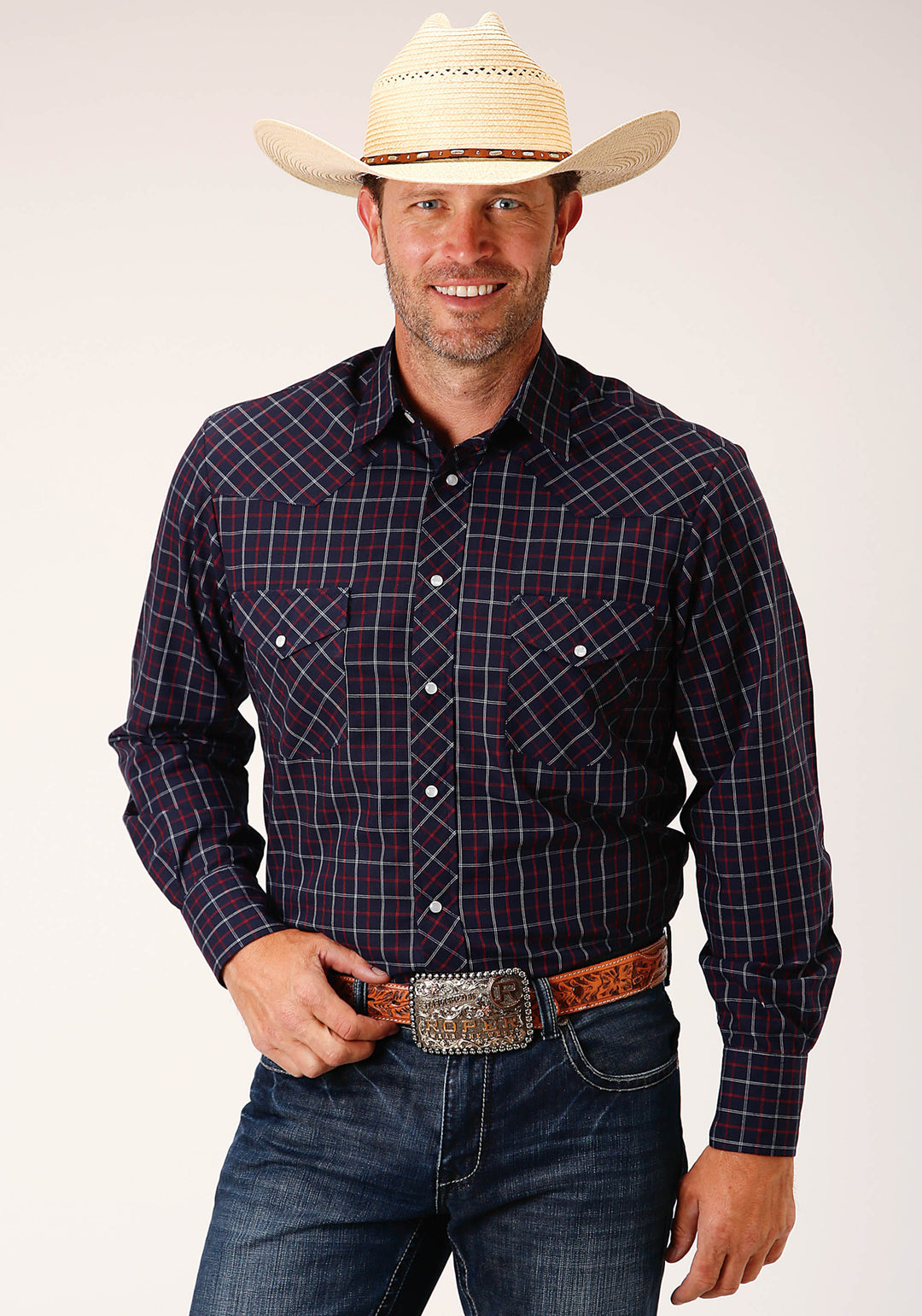MENS LONG SLEEVE SNAP NAVY  RED  WHITE WINDOWPANE PLAID WESTERN SHIRT