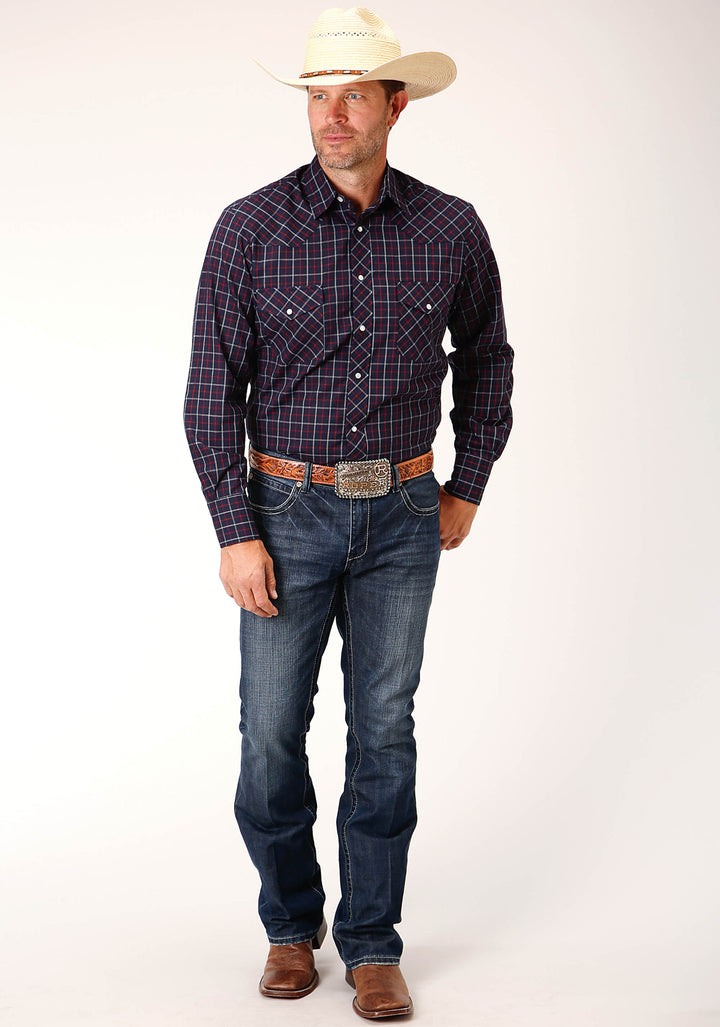 MENS LONG SLEEVE SNAP NAVY  RED  WHITE WINDOWPANE PLAID WESTERN SHIRT