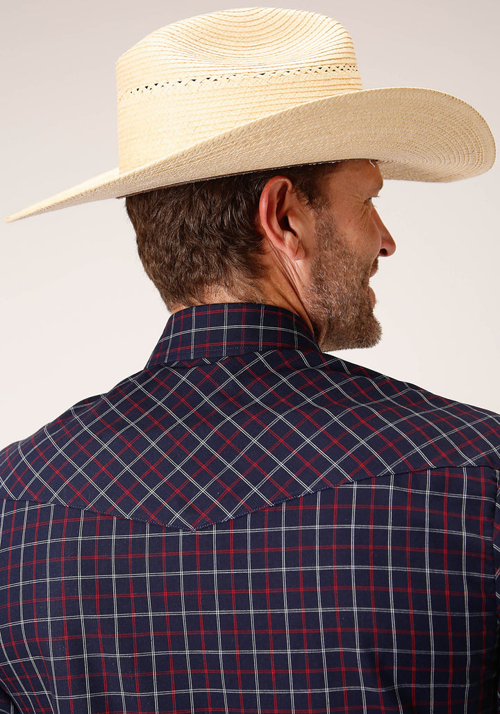 MENS LONG SLEEVE SNAP NAVY  RED  WHITE WINDOWPANE PLAID WESTERN SHIRT