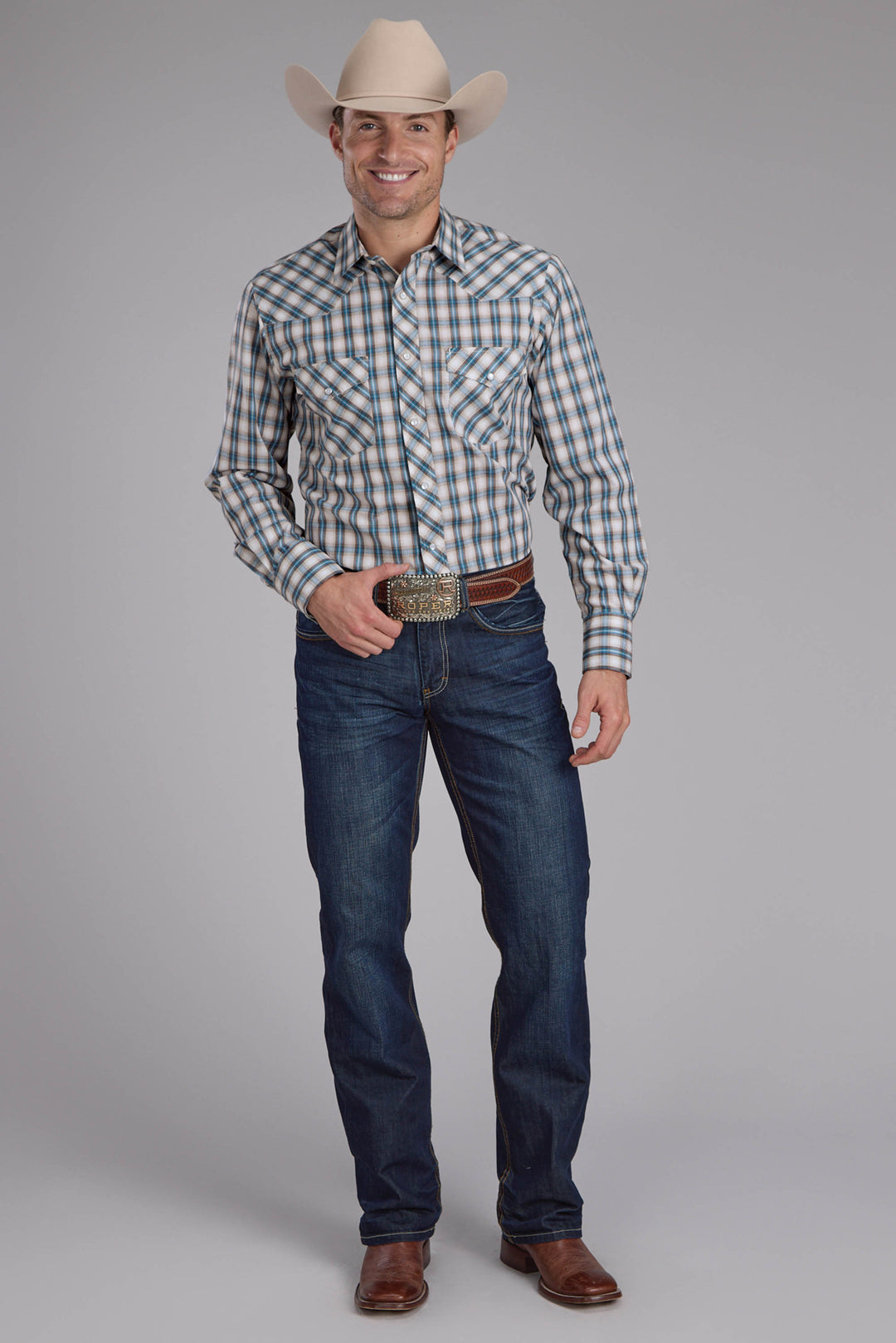 MENS TURQUOISE PLAID LONG SLEEVE SNAP WESTERN SHIRT