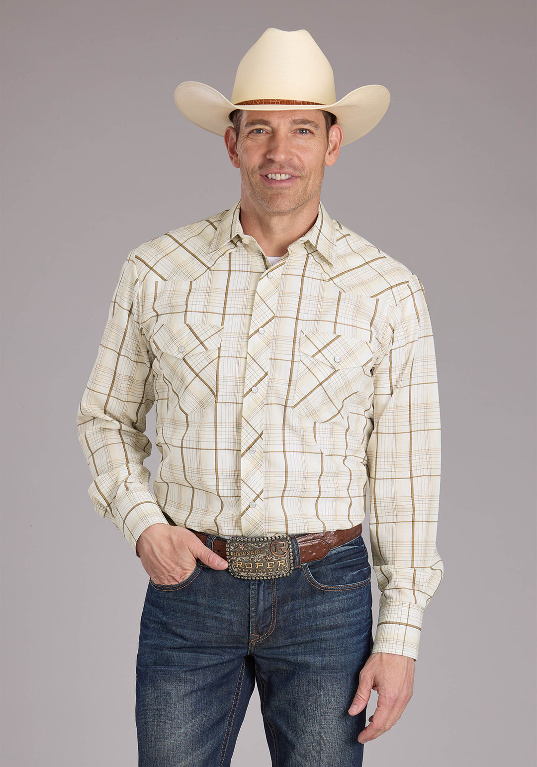 MENS NEUTRAL PLAID LONG SLEEVE SNAP WESTERN SHIRT