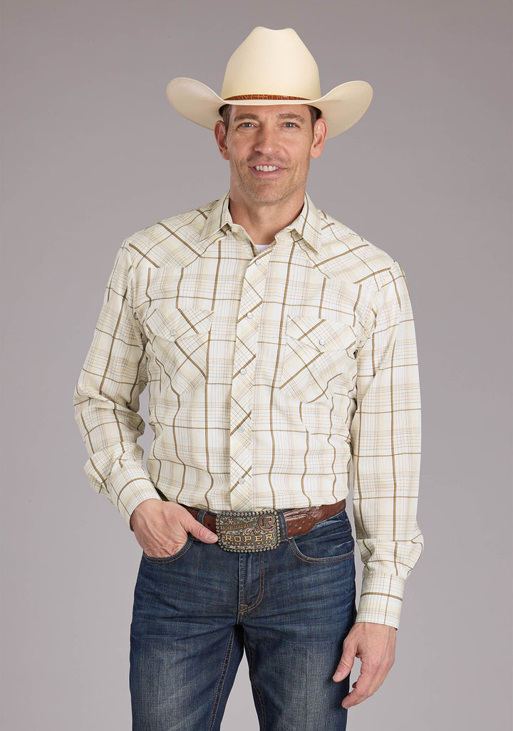 MENS NEUTRAL PLAID LONG SLEEVE SNAP WESTERN SHIRT