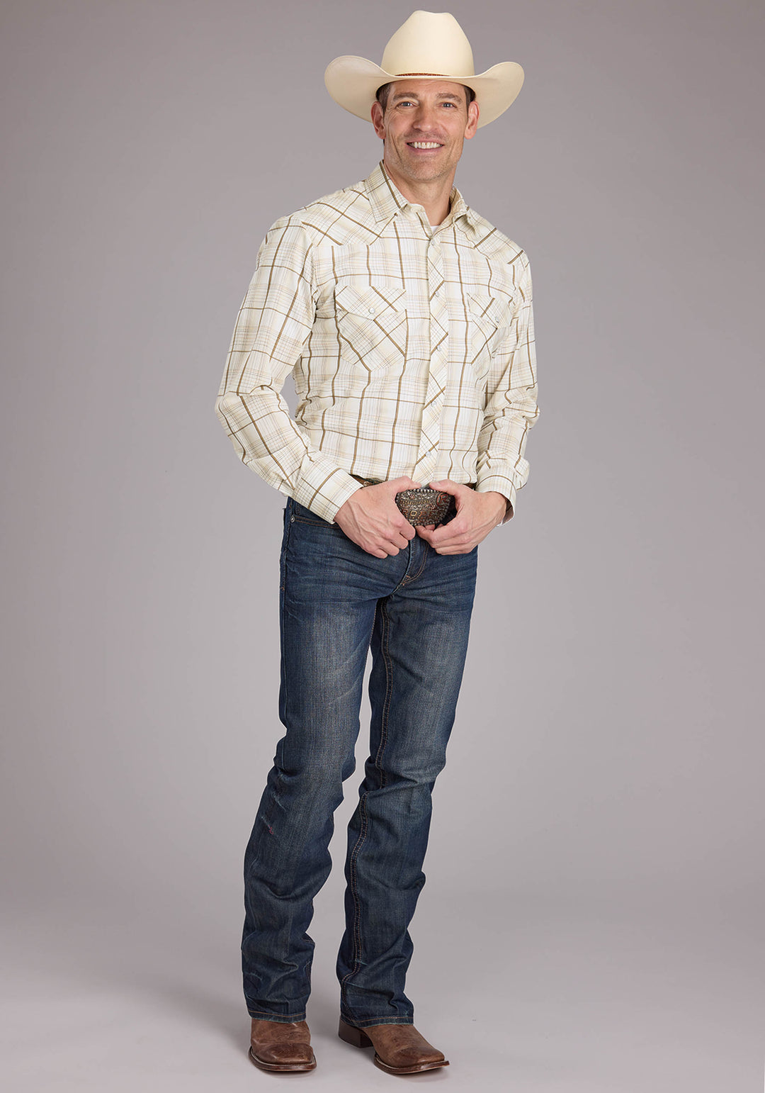 MENS NEUTRAL PLAID LONG SLEEVE SNAP WESTERN SHIRT
