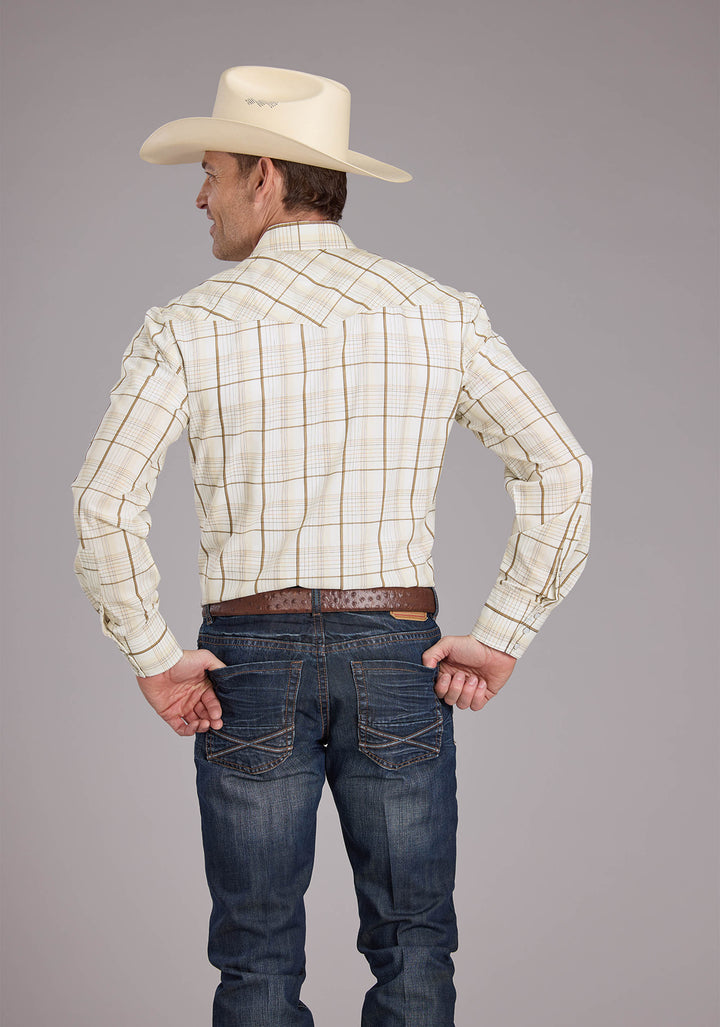 MENS NEUTRAL PLAID LONG SLEEVE SNAP WESTERN SHIRT