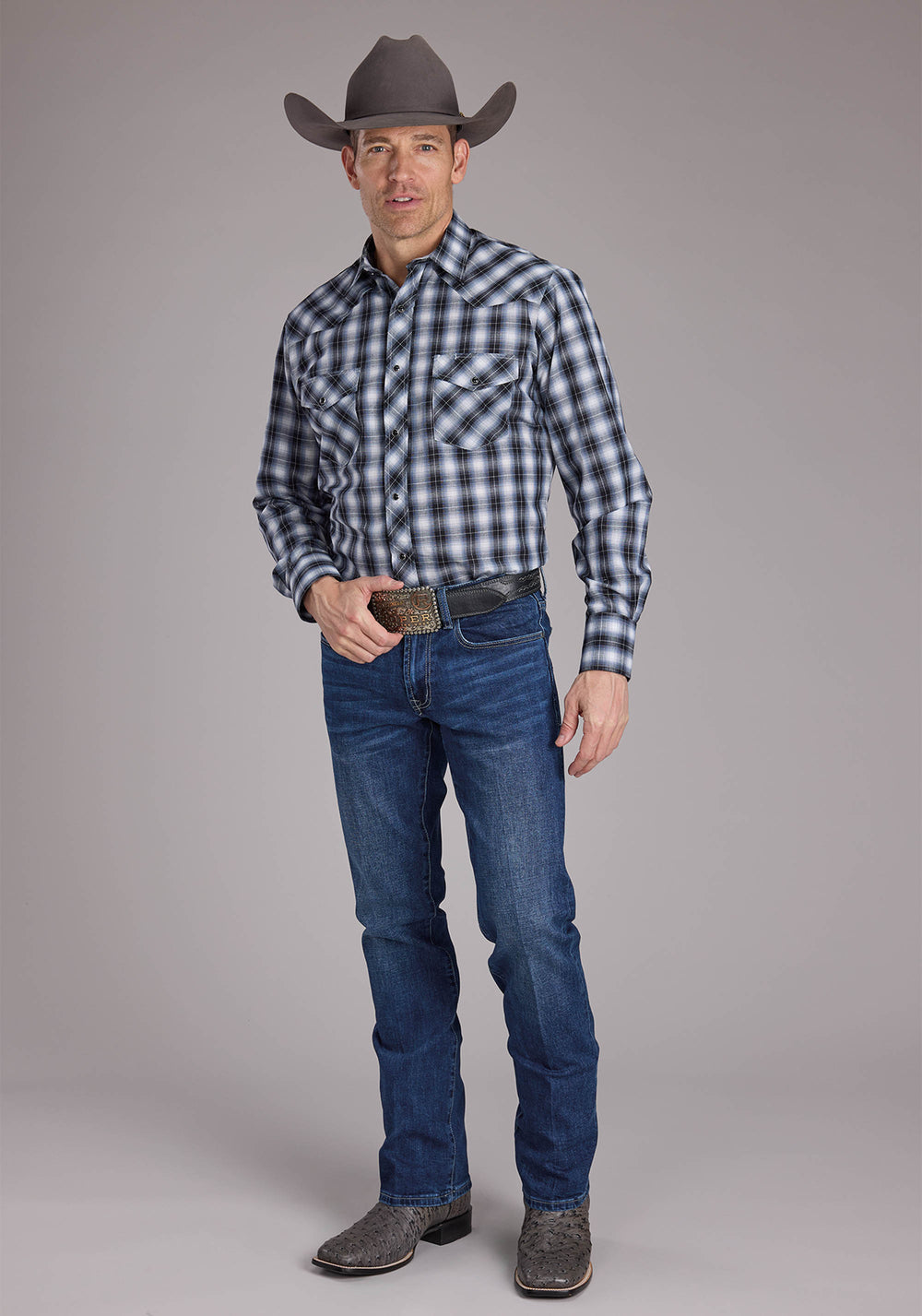 MENS BLACK PLAID LONG SLEEVE SNAP WESTERN SHIRT
