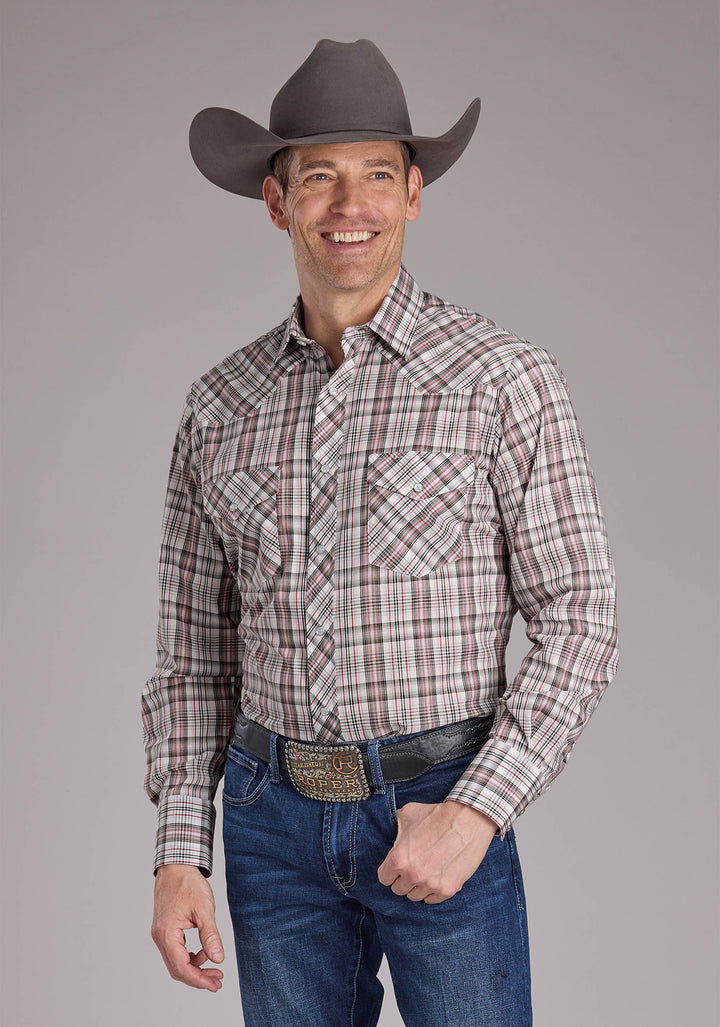 MENS WHITE RED AND GRAY PLAID LONG SLEEVE SNAP WESTERN SHIRT
