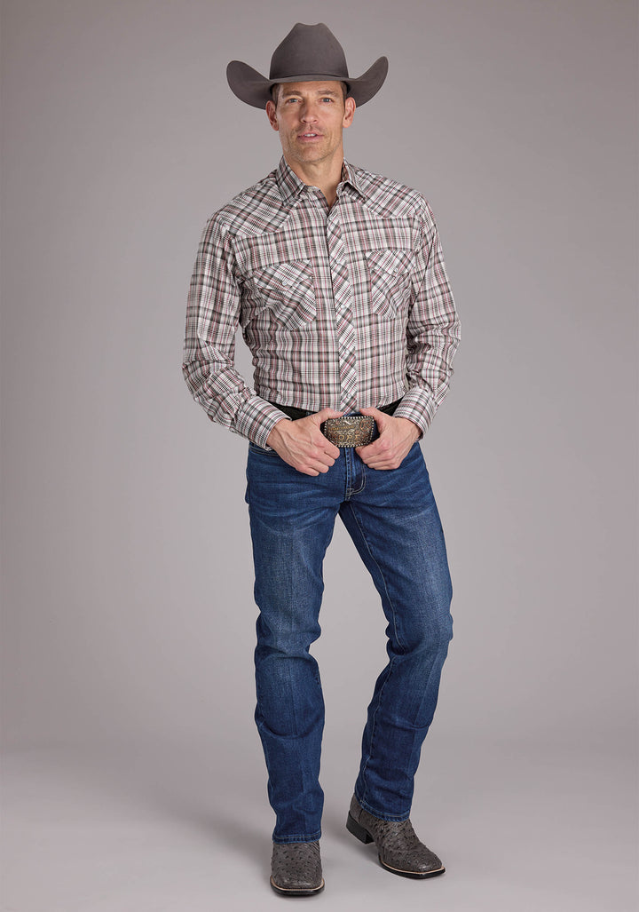 MENS WHITE RED AND GRAY PLAID LONG SLEEVE SNAP WESTERN SHIRT