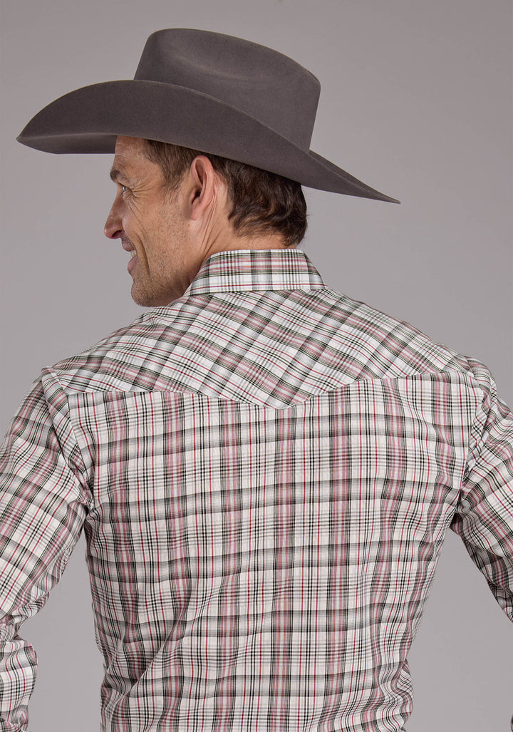 MENS WHITE RED AND GRAY PLAID LONG SLEEVE SNAP WESTERN SHIRT