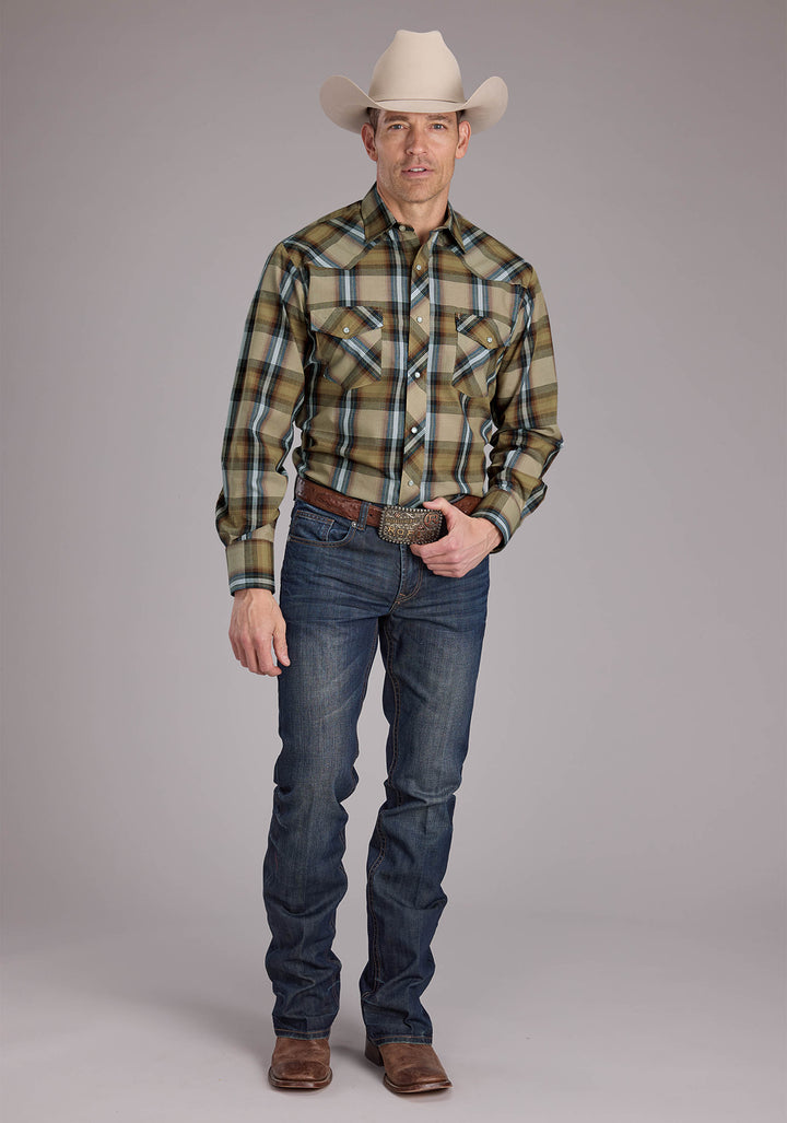 MENS TAN PLAID LONG SLEEVE SNAP WESTERN SHIRT