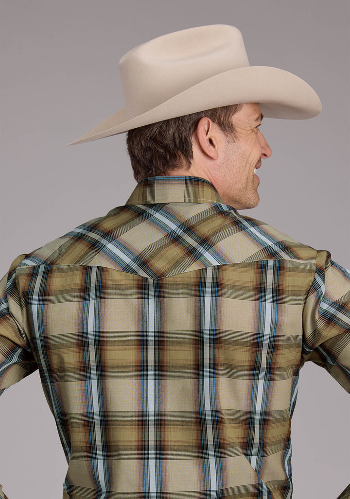 MENS TAN PLAID LONG SLEEVE SNAP WESTERN SHIRT