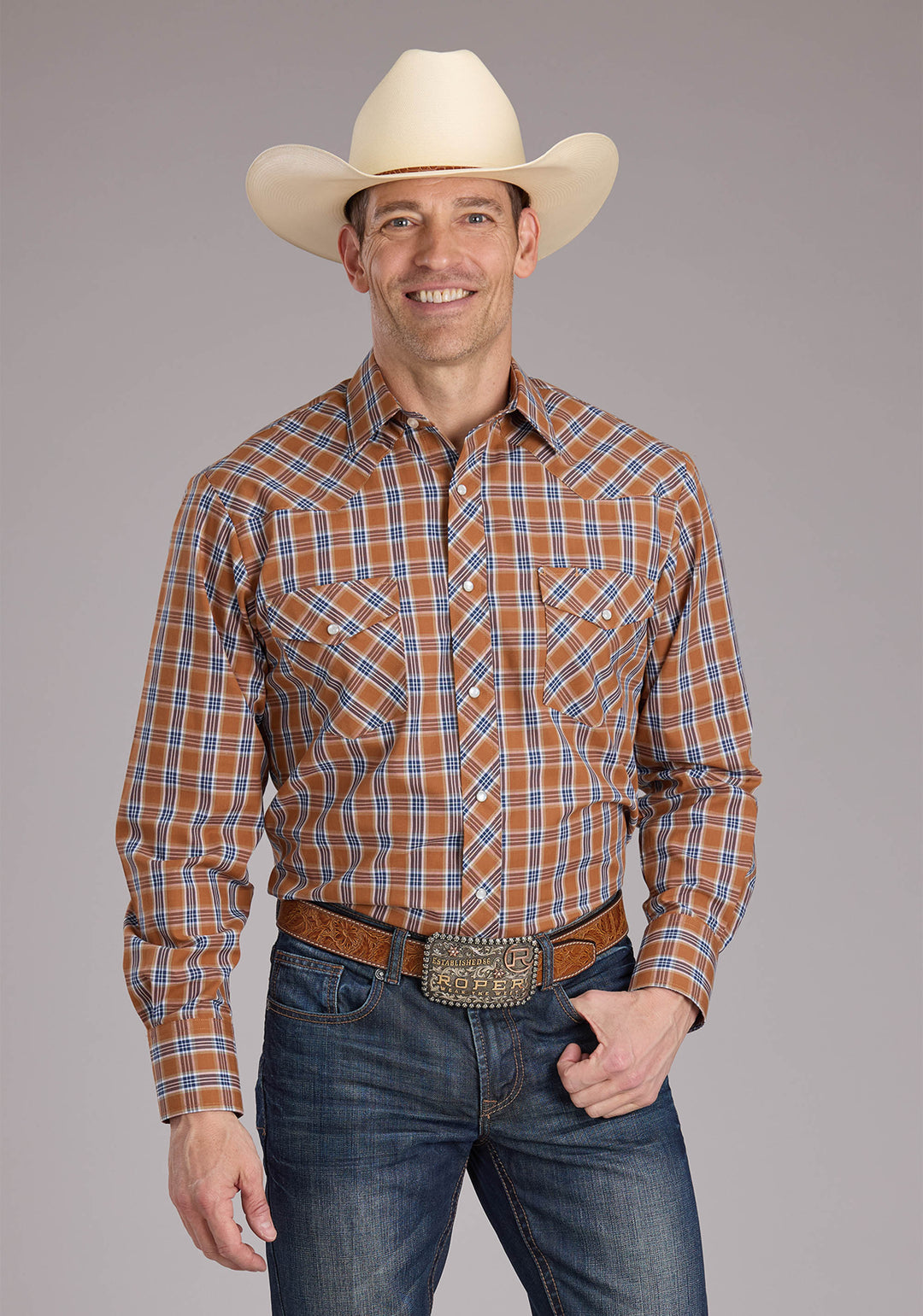 MENS RUST PLAID LONG SLEEVE SNAP WESTERN SHIRT