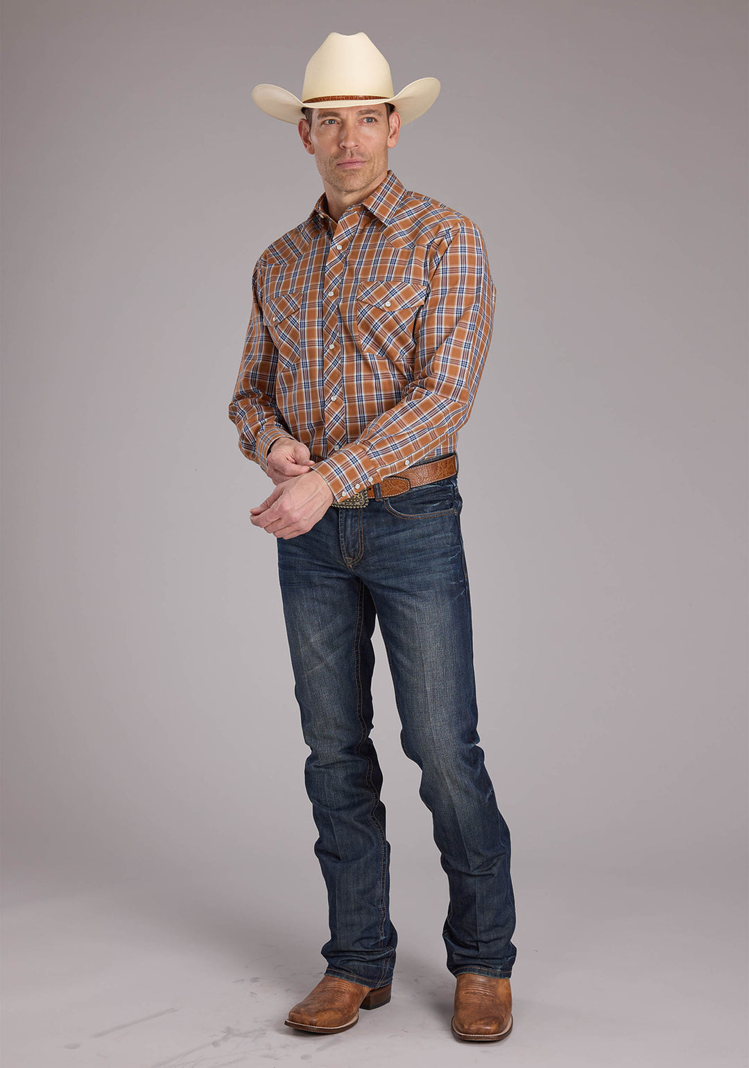 MENS RUST PLAID LONG SLEEVE SNAP WESTERN SHIRT