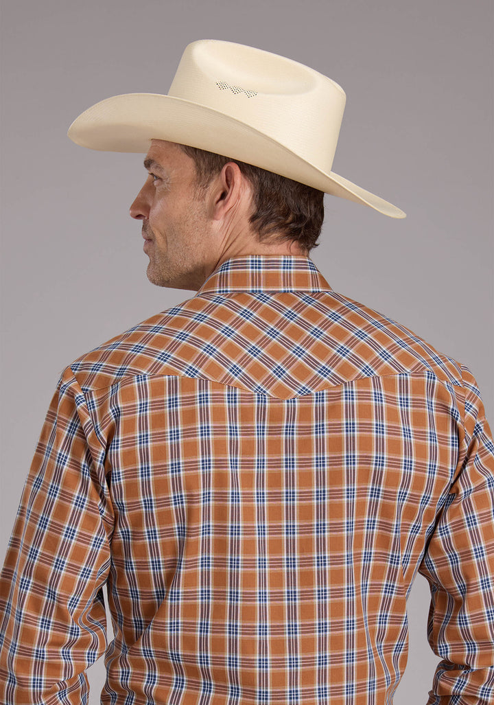 MENS RUST PLAID LONG SLEEVE SNAP WESTERN SHIRT