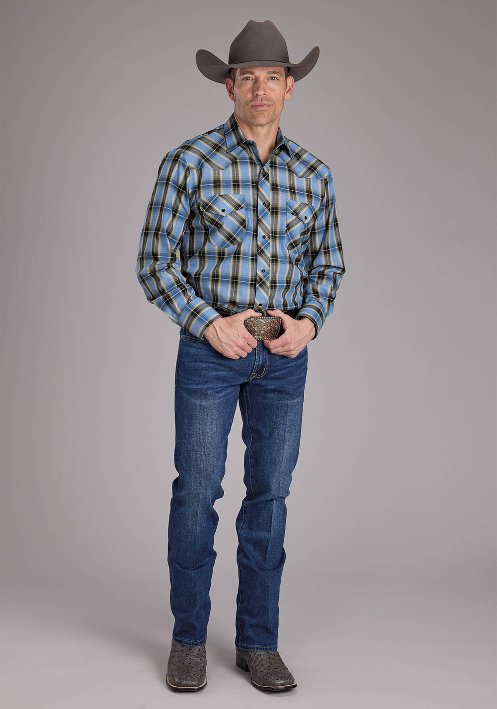 MENS BLUE AND BROWN PLAID LONG SLEEVE SNAP WESTERN SHIRT