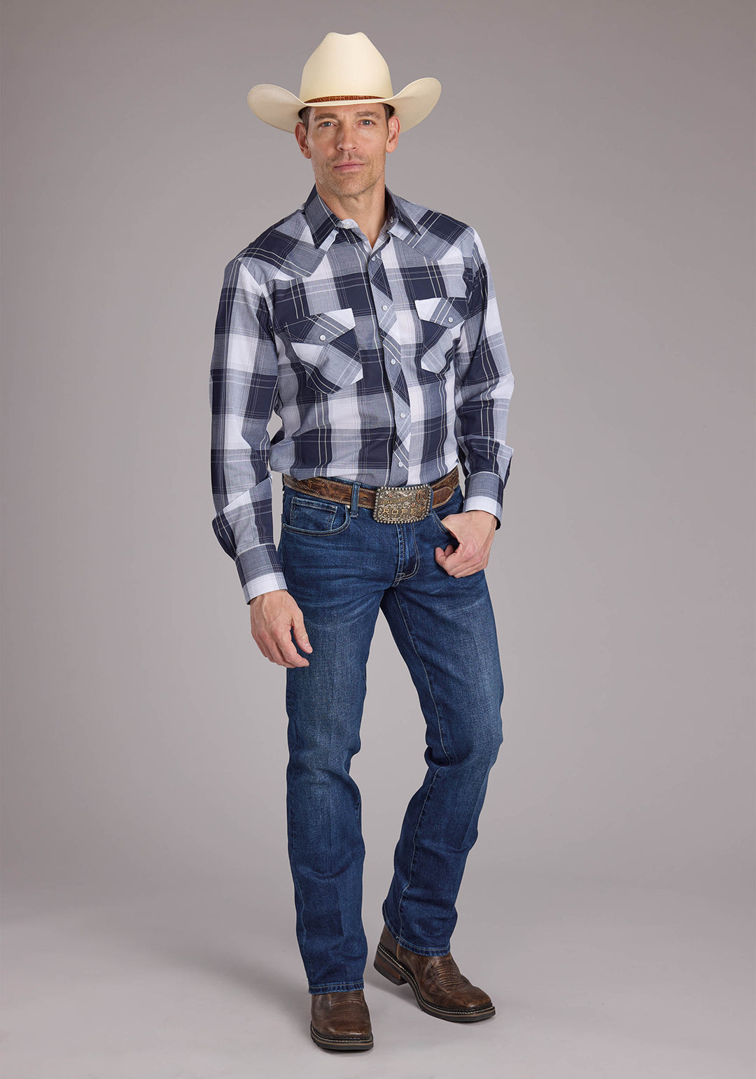 MENS NAVY AND WHITE WINDOWPANE PLAID LONG SLEEVE SNAP WESTERN SHIRT