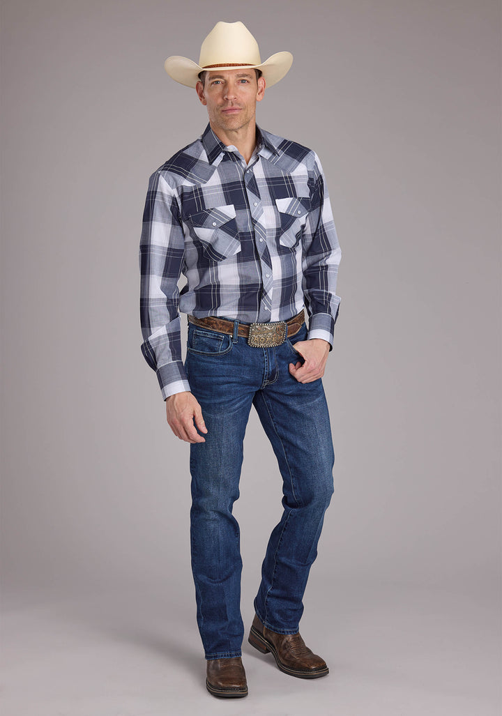 MENS NAVY AND WHITE WINDOWPANE PLAID LONG SLEEVE SNAP WESTERN SHIRT