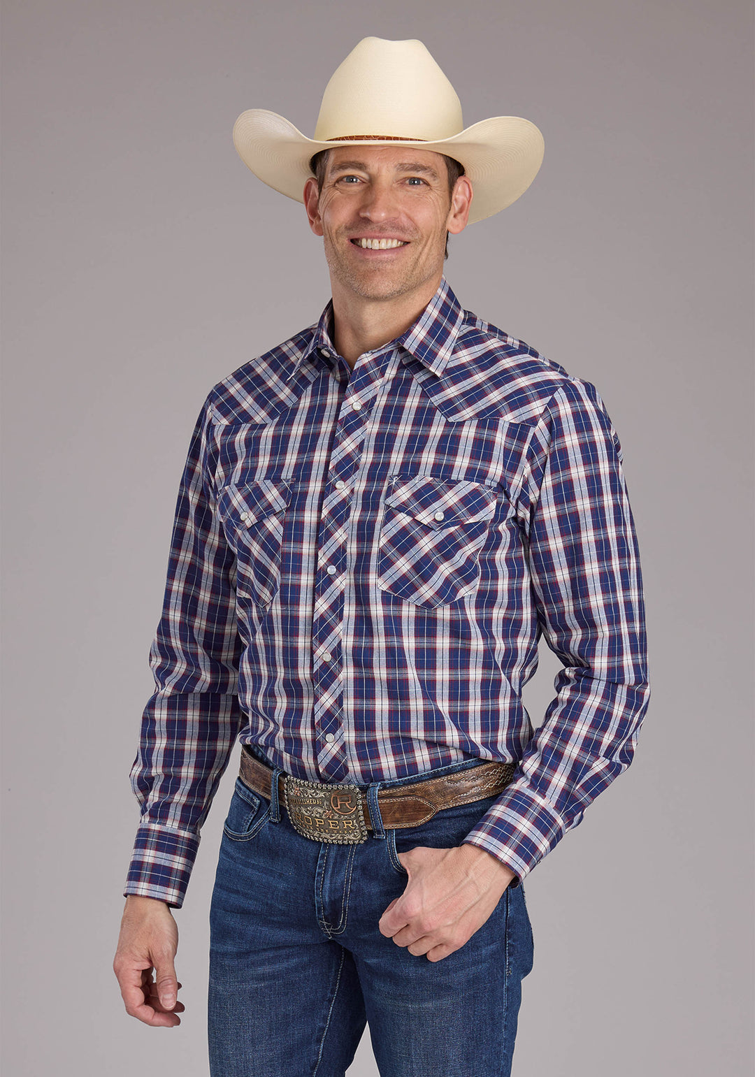 MENS BLUE MULTI PLAID LONG SLEEVE SNAP WESTERN SHIRT