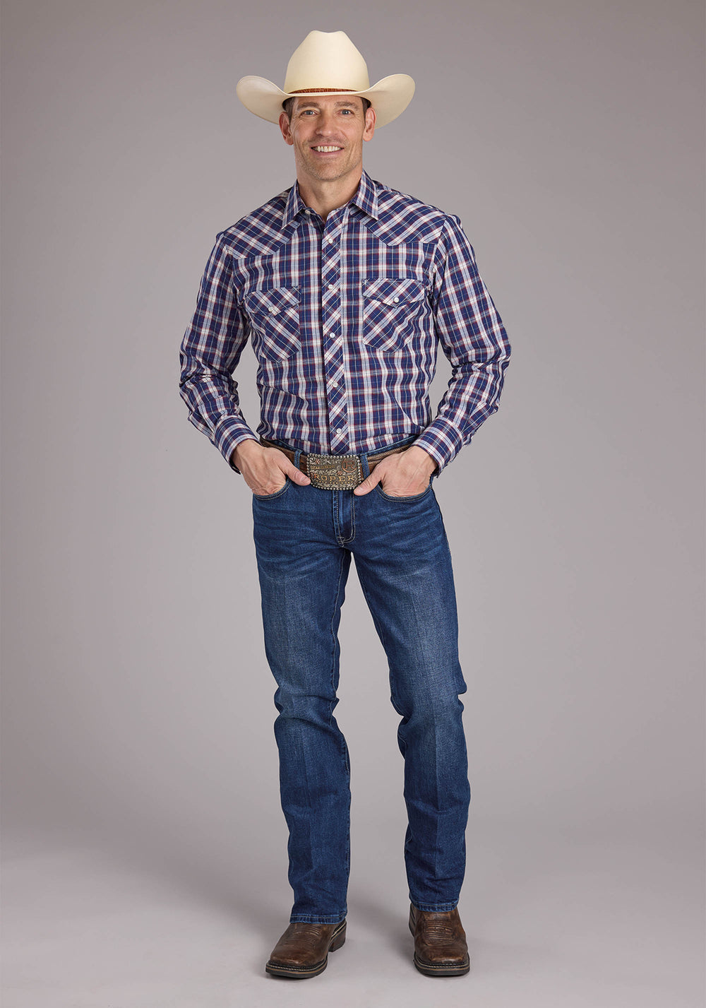 MENS BLUE MULTI PLAID LONG SLEEVE SNAP WESTERN SHIRT
