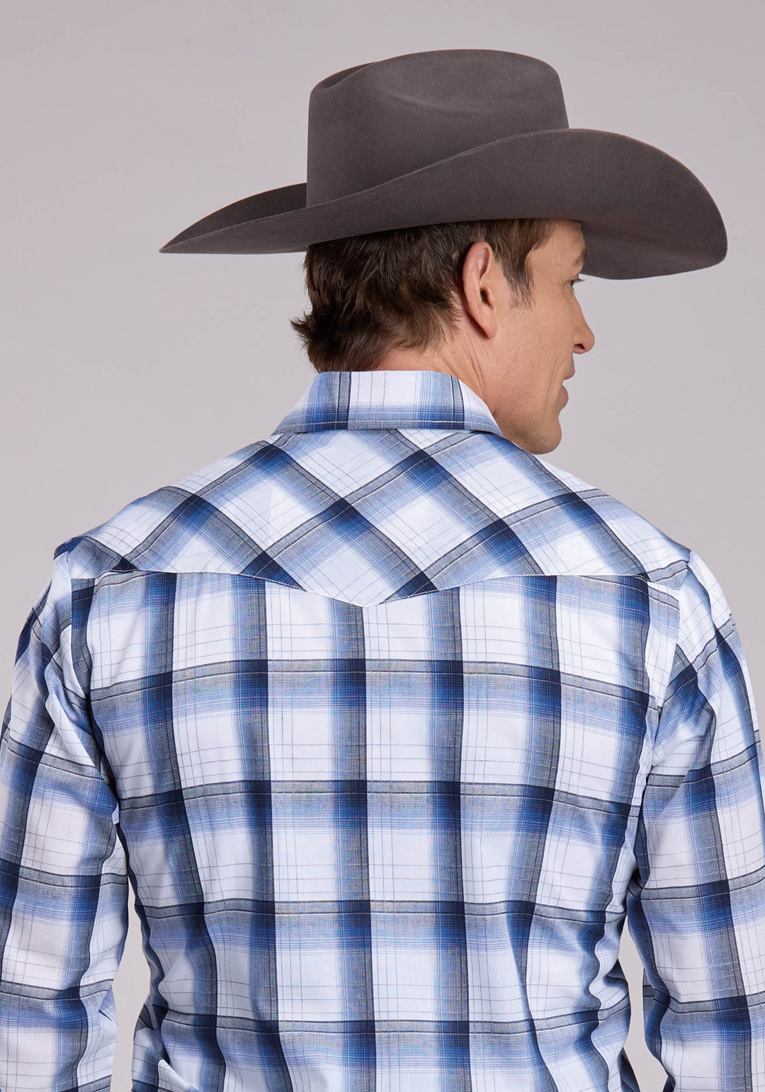 MENS ROPER BLACK BLUE  WHITE PLAID LONG SLEEVE SNAP SHIRT