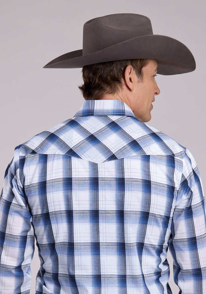 MENS ROPER BLACK BLUE  WHITE PLAID LONG SLEEVE SNAP SHIRT
