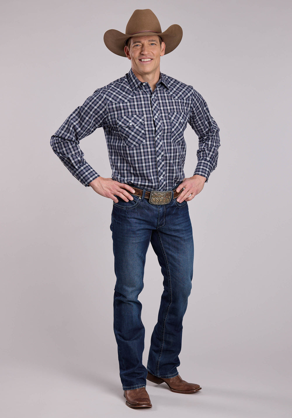 MENS ROPER NAVY PLAID LONG SLEEVE SNAP SHIRT