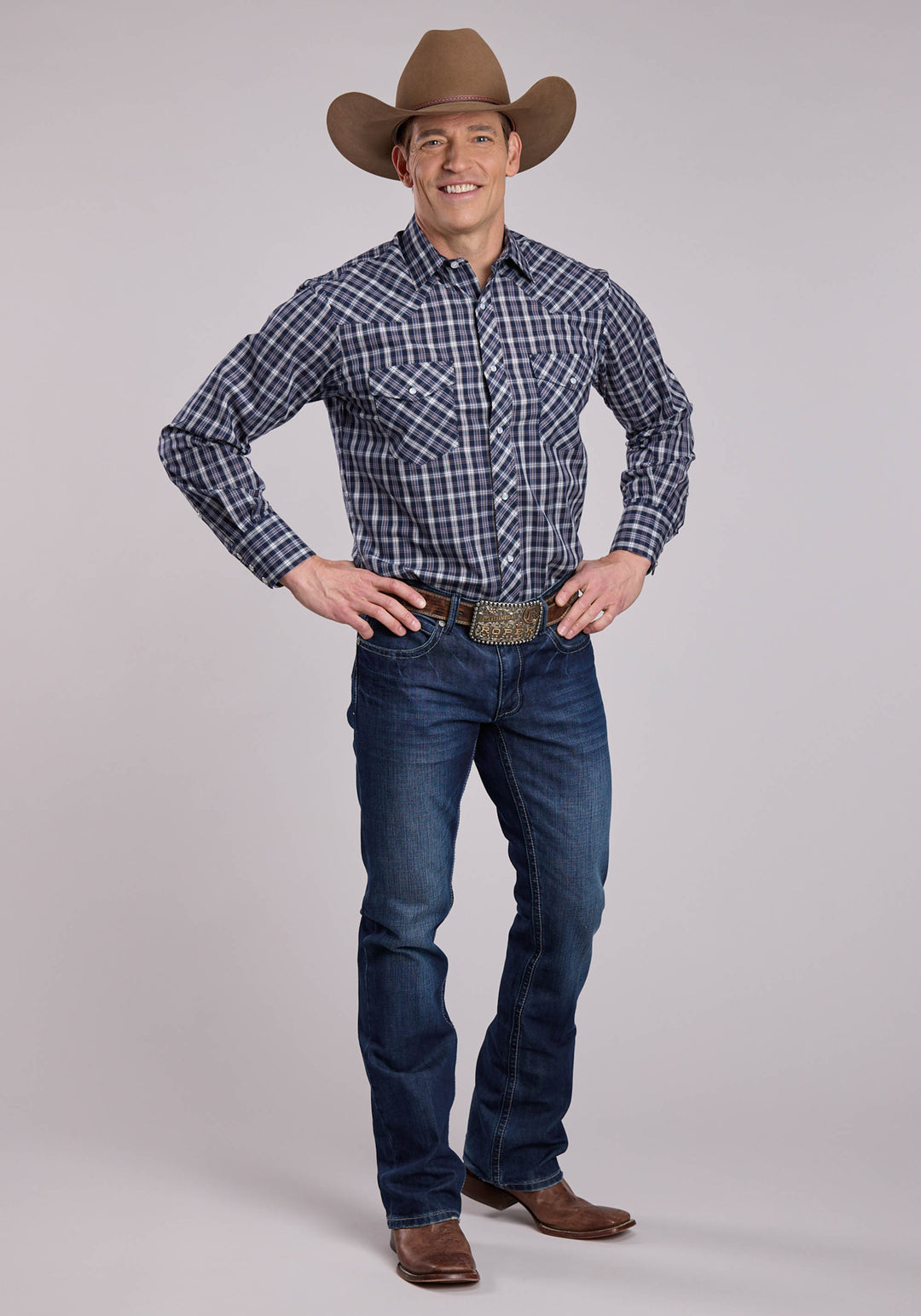 MENS ROPER NAVY PLAID LONG SLEEVE SNAP SHIRT