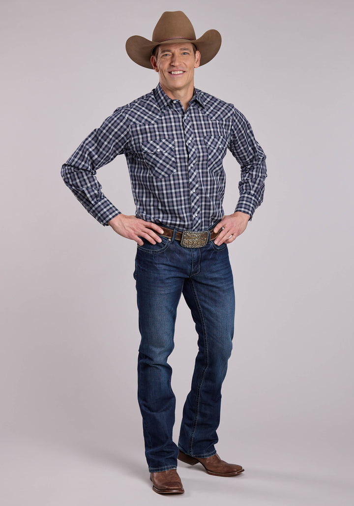 MENS ROPER NAVY PLAID LONG SLEEVE SNAP SHIRT