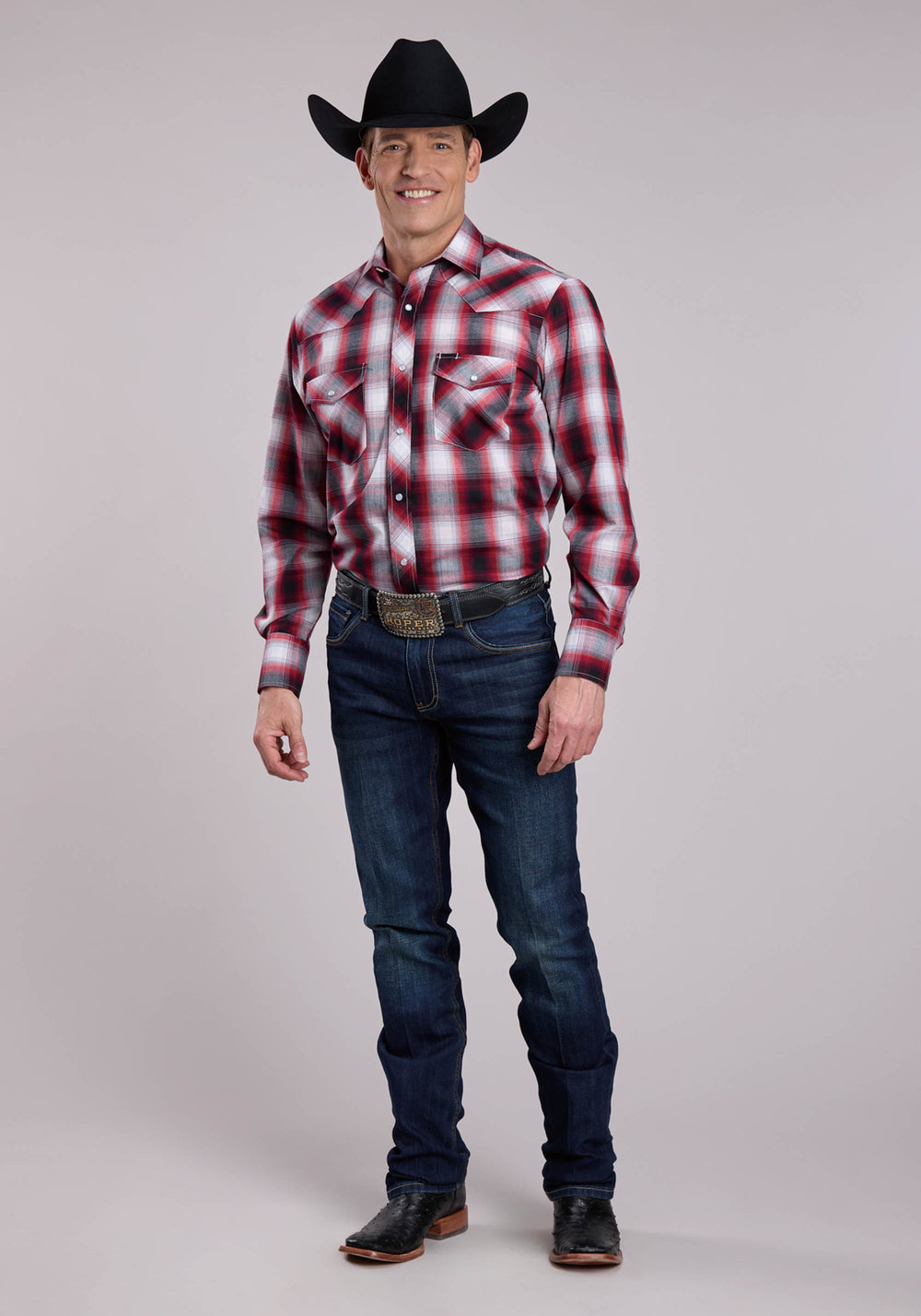 MENS ROPER BLACK RED  WHITE PLAID LONG SLEEVE SNAP SHIRT