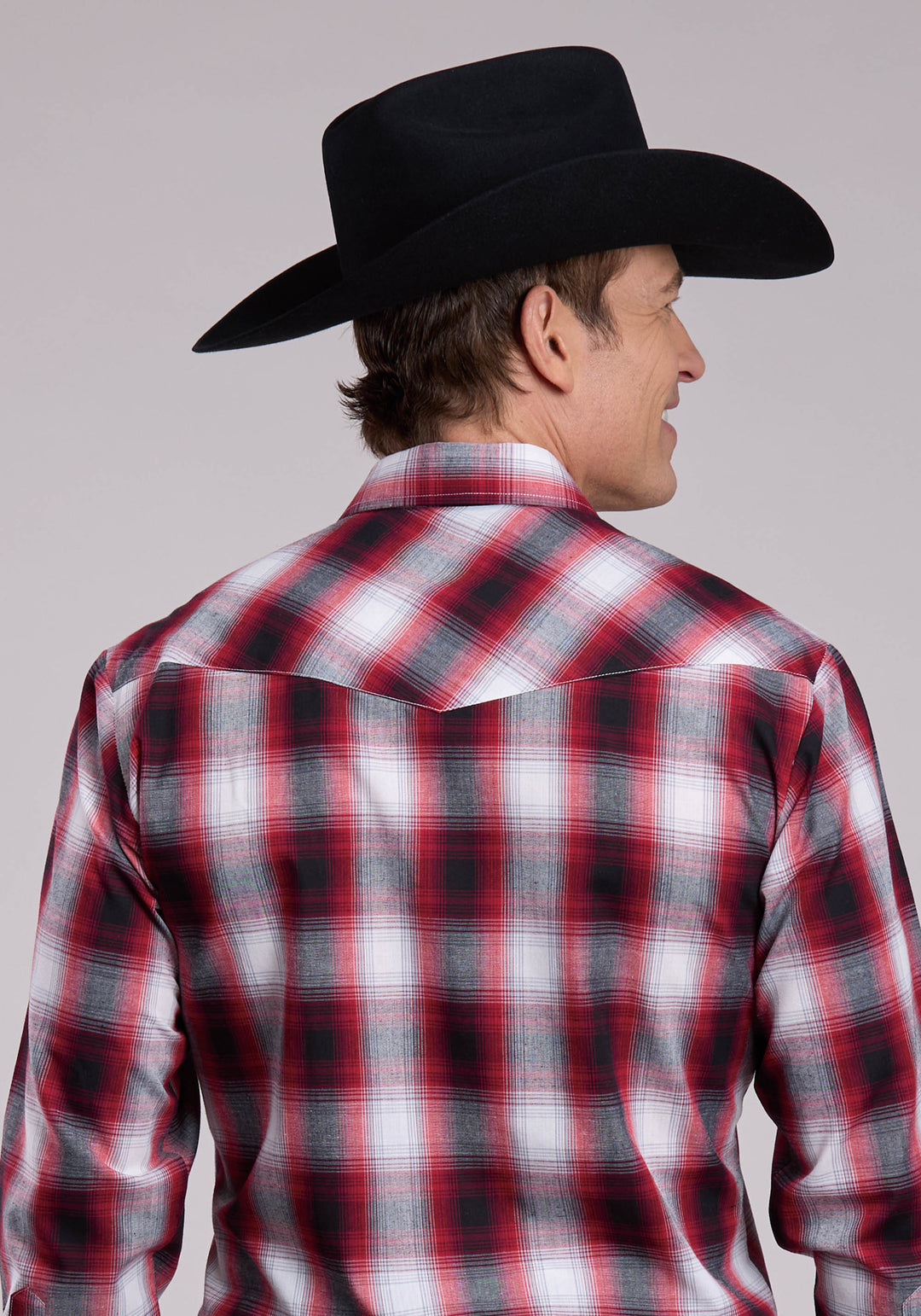 MENS ROPER BLACK RED  WHITE PLAID LONG SLEEVE SNAP SHIRT