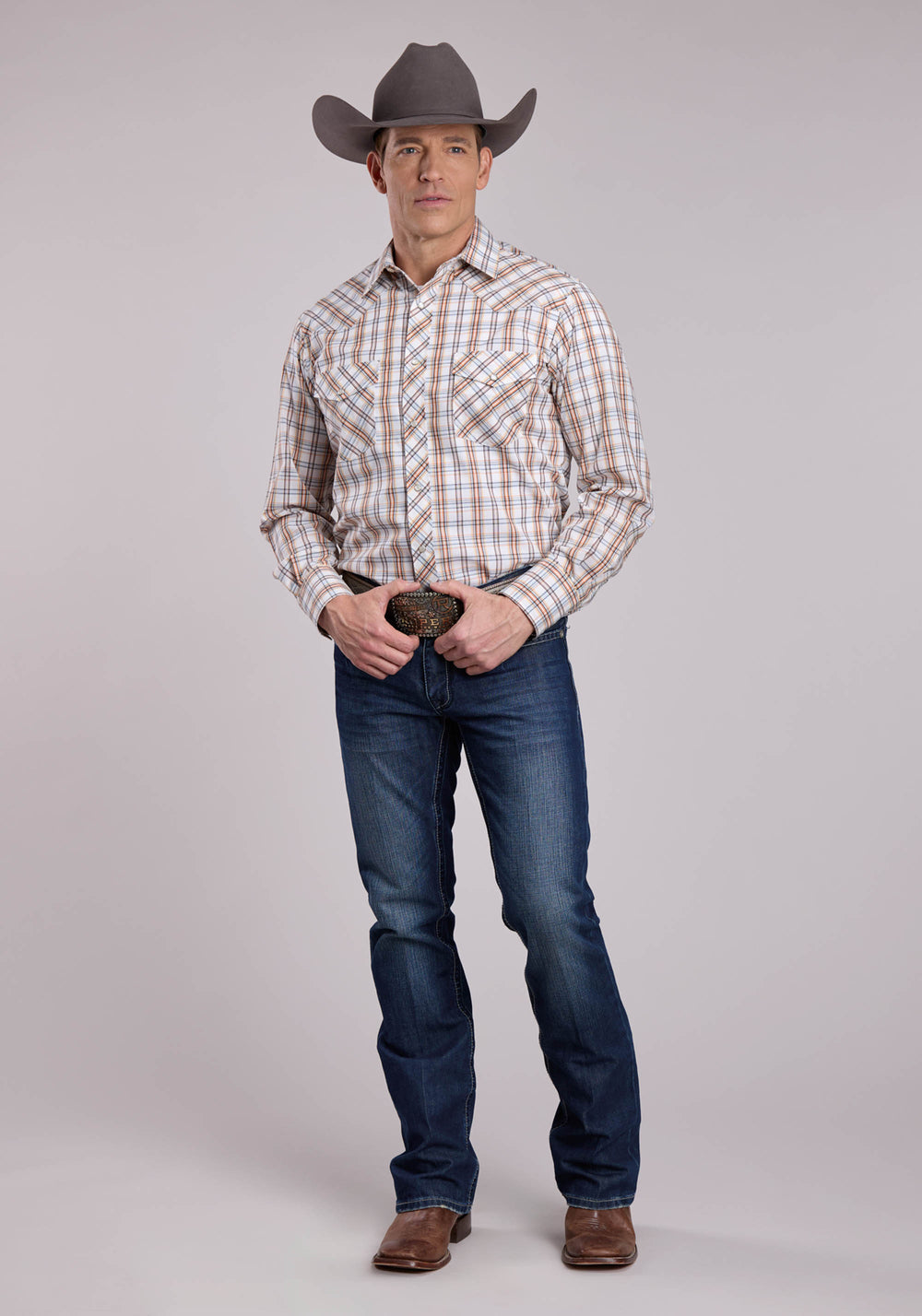 MENS ROPER CREAM  ORANGE PLAID LONG SLEEVE SNAP SHIRT