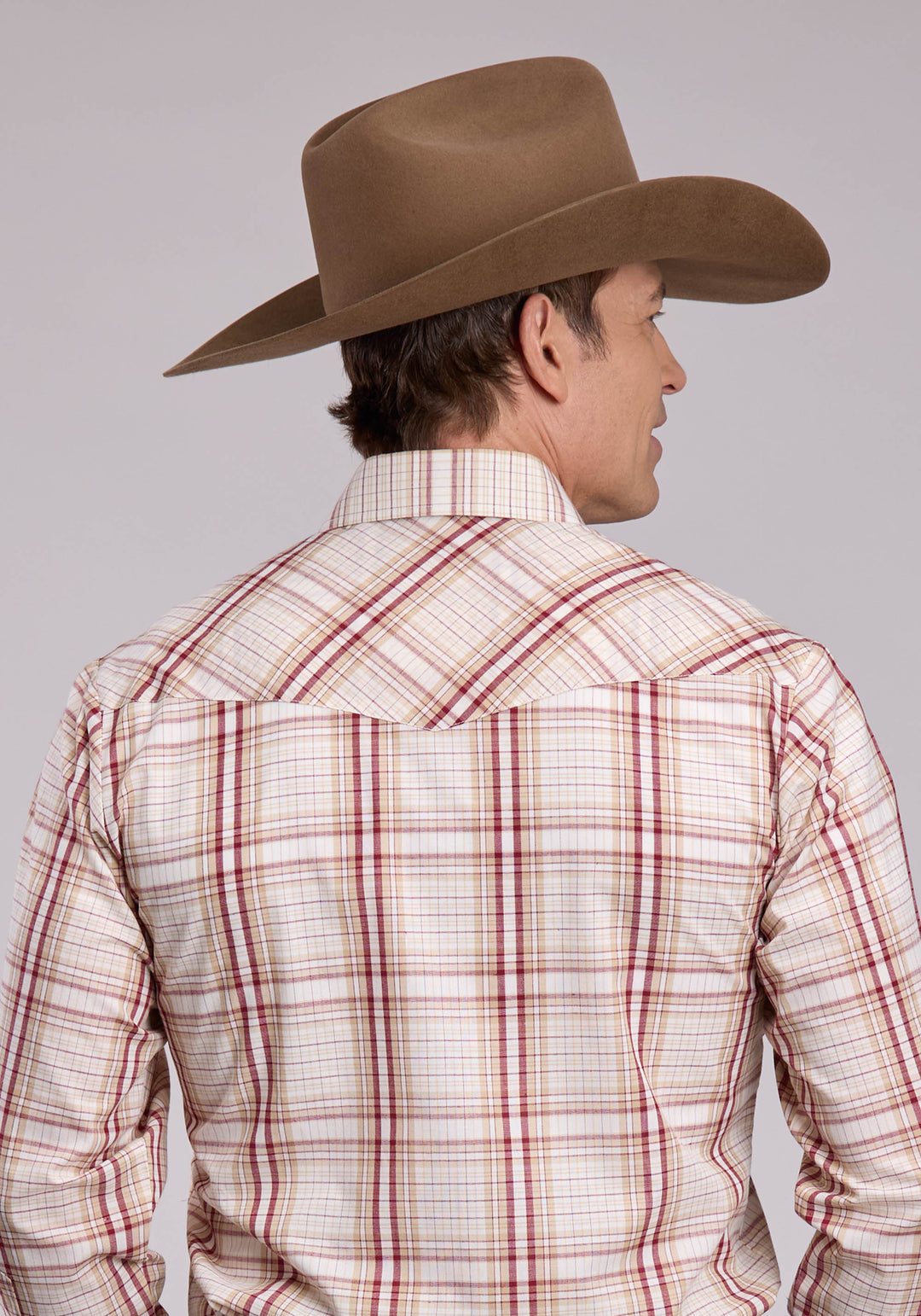 MENS ROPER CREAM TAN  WINE PLAID LONG SLEEVE SNAP SHIRT