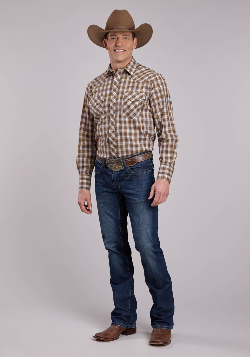 MENS ROPER BROWN PLAID LONG SLEEVE SNAP SHIRT