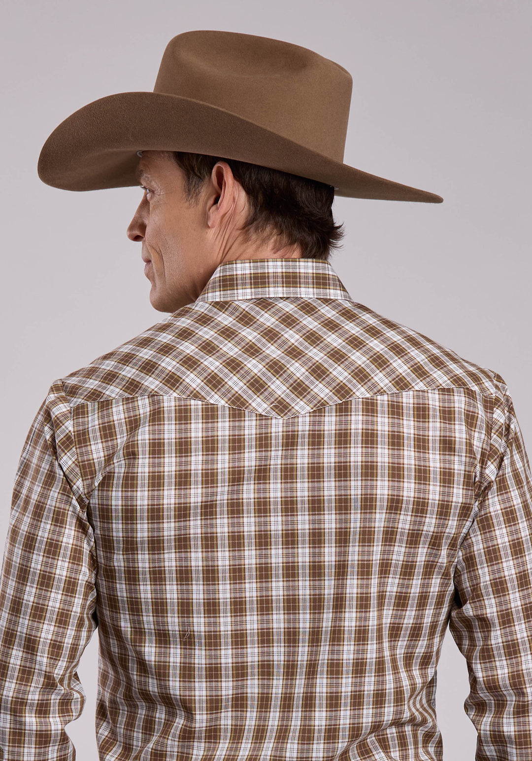 MENS ROPER BROWN PLAID LONG SLEEVE SNAP SHIRT