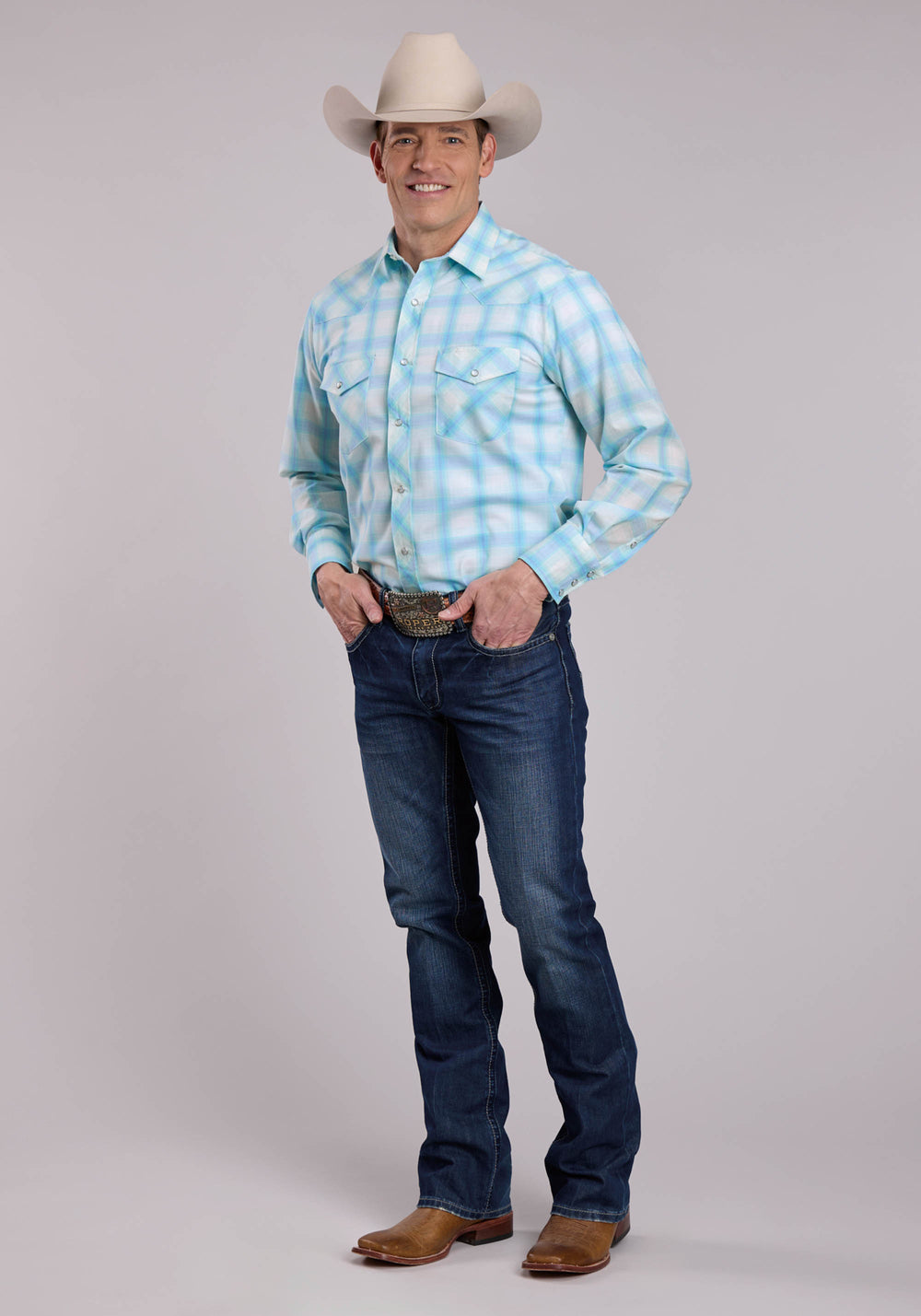 MENS ROPER CYAN PLAID LONG SLEEVE SNAP SHIRT